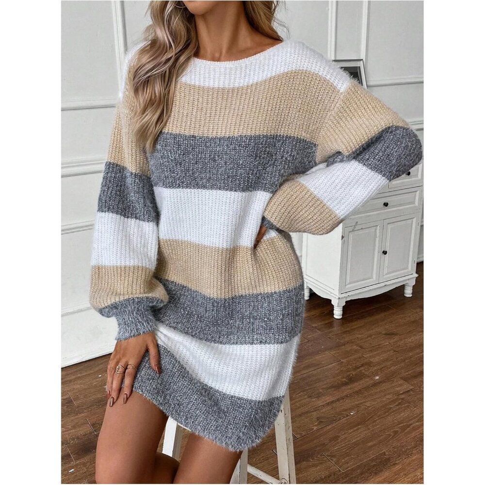 Chic Striped Long Sleeve Knit Dress - Perfect for Fall & Winter Style - Picture 4 of 5